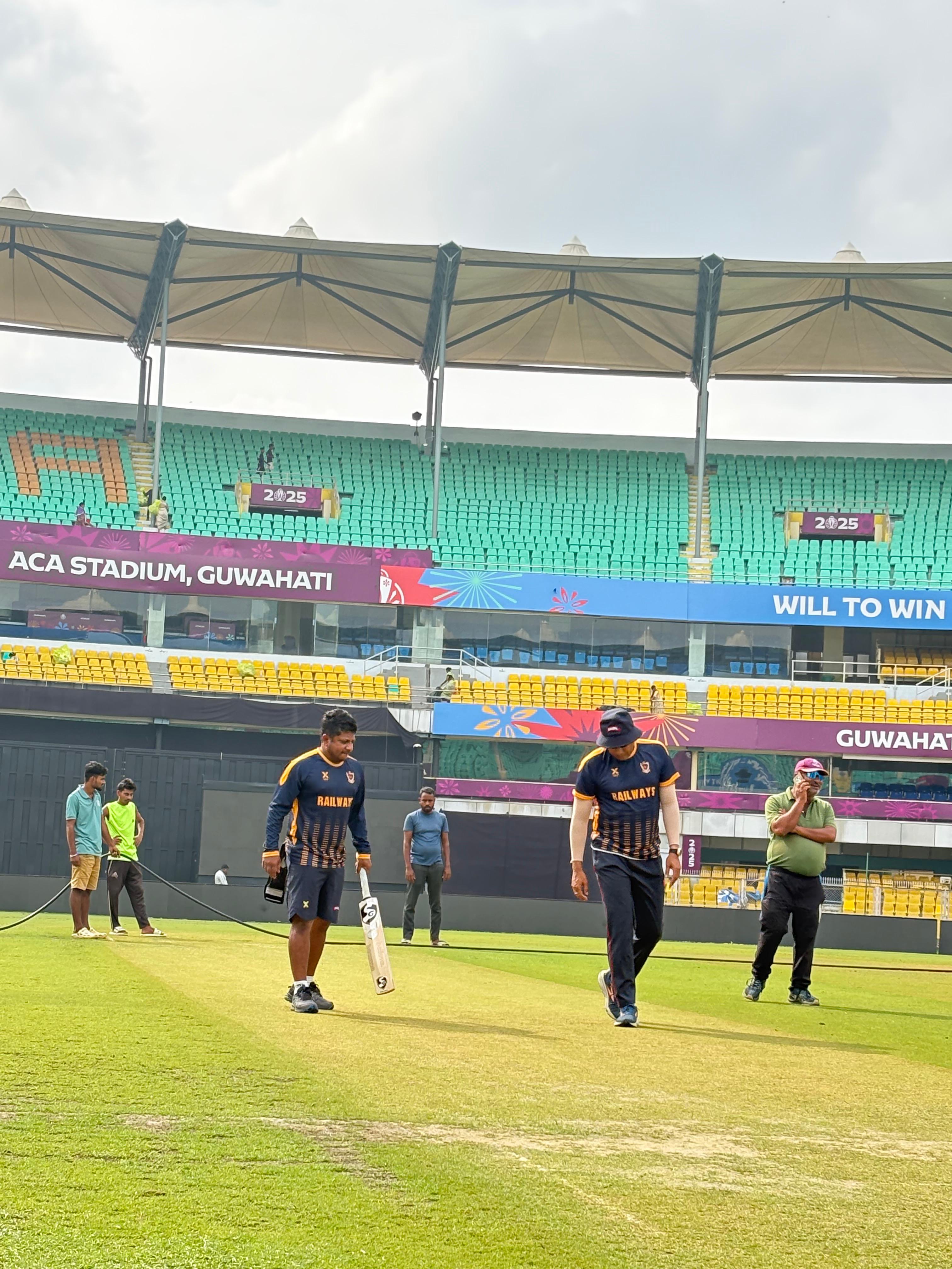 Inspecting the wicket before Assam match
